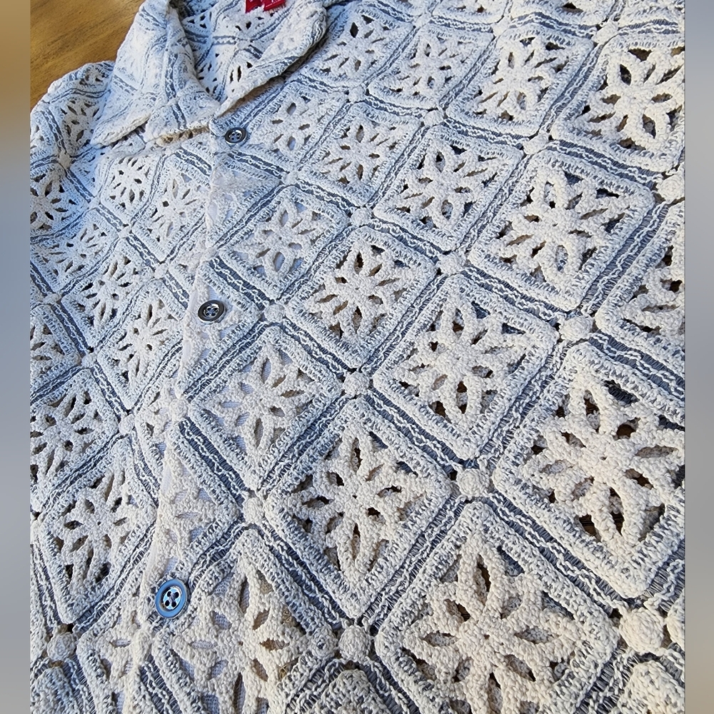 Stacy Adams Men's Gray Geometric Floral Lattice Crochet Woven Shirt Size XL - Picture 8 of 10